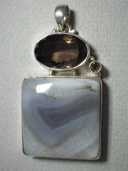 Outlet Blue Agate with Smokey Quartz and Sterling Silver