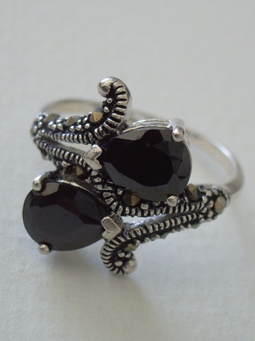 Sterling Silver Ring w/2 Faceted Pear Hematite Stones Marcasite Accents - Jemel