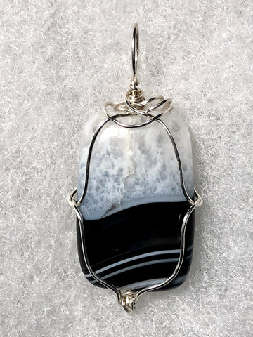 Black Lace Agate Bead Pendant Wire Wrapped .925 Sterling Silver - Jemel