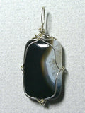 Black Lace Agate Bead Pendant Wire Wrapped .925 Sterling Silver - Jemel