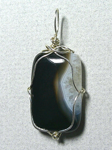 Black Lace Agate Bead Pendant Wire Wrapped .925 Sterling Silver - Jemel