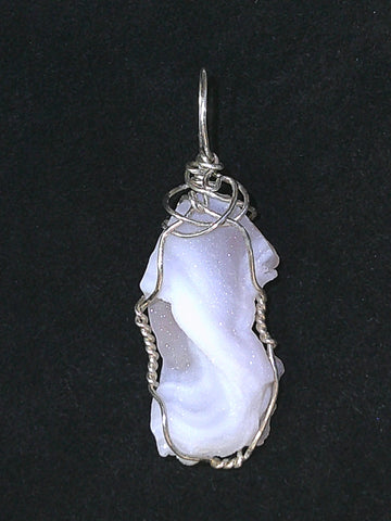 Druzy Quartz Chalcedony Freeform Pendant Wire Wrapped .925 Sterling Silver - Jemel