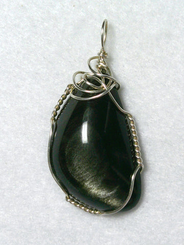 Silver Sheen Obsidian Stone Pendant Wire Wrapped .925 Sterling Silver - Jemel