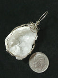Druzy Quartz Crystal Filled Haif Geode Pendant Wire Wrapped .925 Sterling Silver