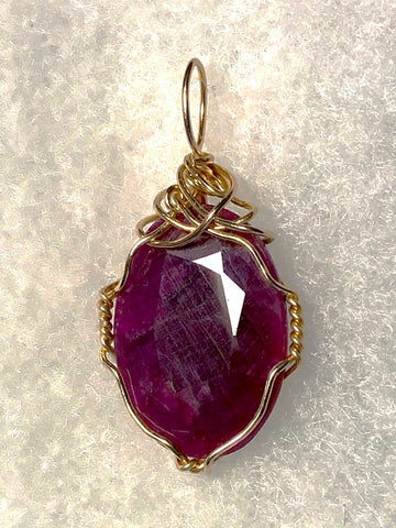 Faceted Ruby Crystal Pendant Wire Wrapped 14/20 Gold Filled- Jemel