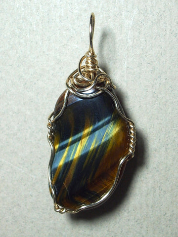 Blue Variegated Tiger's Eye Pendant Wire Wrapped 14/20 Gold Filled - Jemel