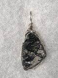 Faceted Tourmalinated Quartz Cabochon Pendant Wire Wrapped .925 Sterling Silver