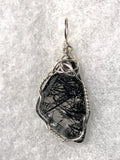 Faceted Tourmalinated Quartz Cabochon Pendant Wire Wrapped .925 Sterling Silver - Jemel