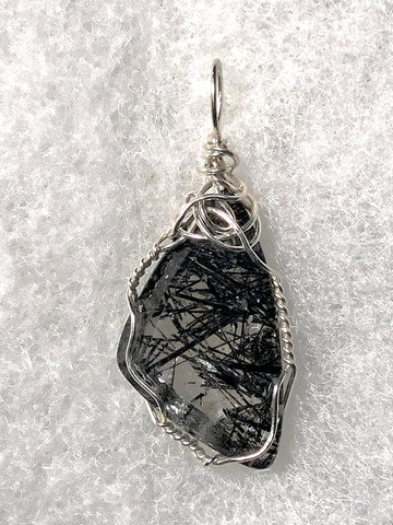 Faceted Tourmalinated Quartz Cabochon Pendant Wire Wrapped .925 Sterling Silver - Jemel