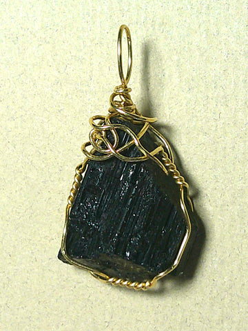Black Tourmaline Crystal Pendant Wire Wrapped 14/20 Gold Filled - Jemel