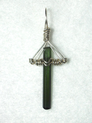 Green Tourmaline Crystal Pendant Wire Wrapped .925 Sterling Silver - Jemel
