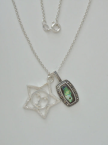 Marcasite Enhanced Sterling Paua Shell and Star face Pendants w/ 16” 1.7 mm SS Cable Chain - Jemel