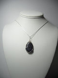 Black Mangano Agate Pendant Wire Wrapped .925 Sterling Silver display- Jemel