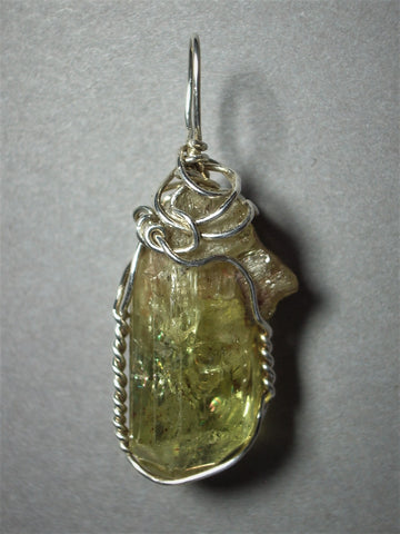 Golden Green Apatite Crystal Pendant Wire Wrapped .925 Sterling Silver - Jemel