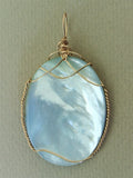 Russian Landscape Painting on Mother of Pearl Cabochon Pendant Wire Wrapped in 14/20 Gold Filled Round Wire