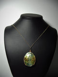 Russian Landscape Painting Mother of Pearl Pendant Wire Wtrapped 14/20 Gold Filled display - Jemel