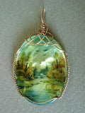 Russian Landscape Painting Mother of Pearl Pendant Wire Wtrapped 14/20 Gold Filled - Jemel