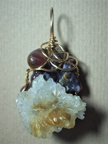Quartz Crystal Flower on Chalcedony Rose Pendant Wire Wrapped 14/20 Gold Filled - Jemel